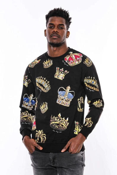Siyah Bisiklet Yaka Taşlı Ve Baskılı Sweatshirt - Wessi ürün görseli 1