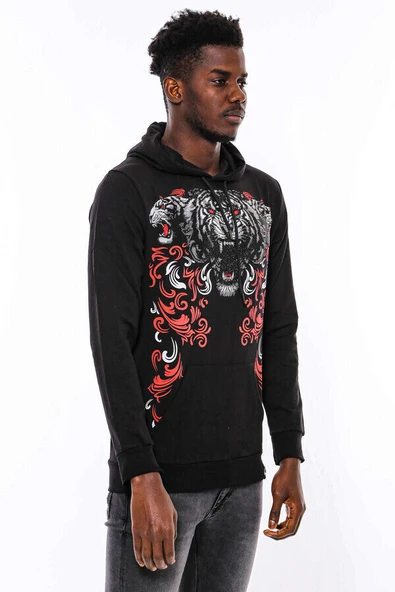 Siyah Kapşonlu Baskılı Sweatshirt - Wessi - Resim 5