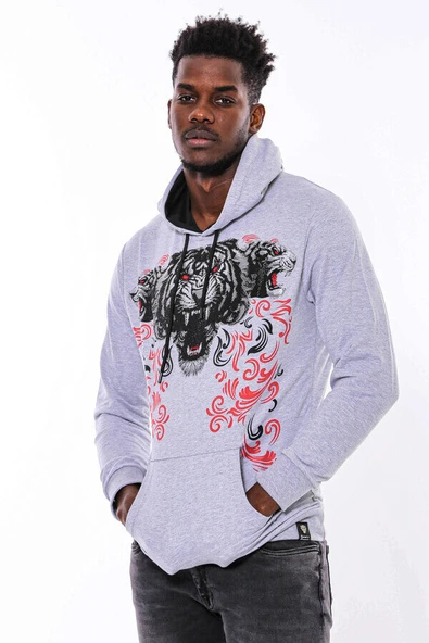 Gri Taşlı Baskılı Kapşonşlu Sweatshirt - Wessi - Resim 4