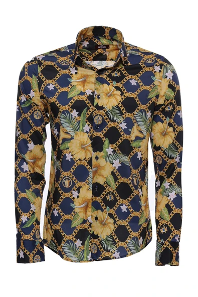 Renkli Çiçek Desenli Slim Fit Uzun Kollu Lacivert Erkek Gömlek - Wessi ürün görseli 1