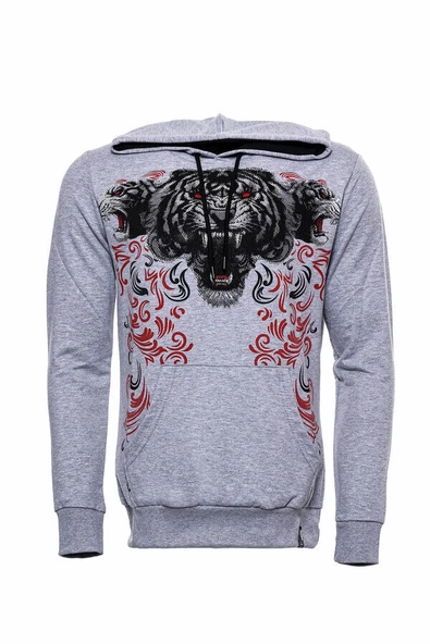 Gri Taşlı Baskılı Kapşonşlu Sweatshirt - Wessi - Resim 6