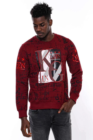 Bordo Taşlı Baskılı Sweatshirt - Wessi - Resim 9