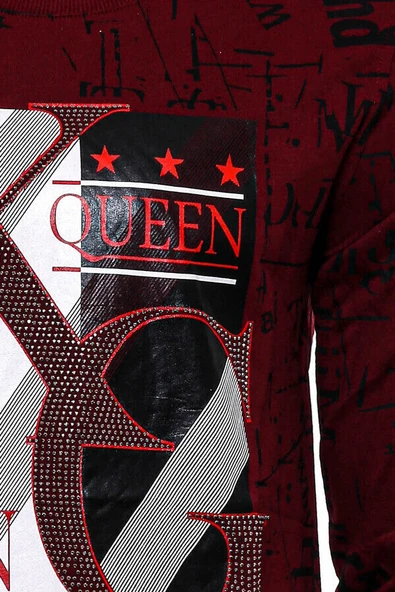 Bordo Taşlı Baskılı Sweatshirt - Wessi - Resim 7