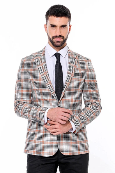 Ekose Desenli Slim Fit Turuncu Siyah Erkek Ceket - Wessi ürün görseli 1