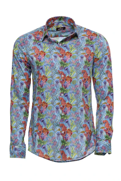 Kırmızı Çiçek Desenli Slim Fit Uzun Kollu Lacivert Erkek Gömlek - Wessi ürün görseli 1