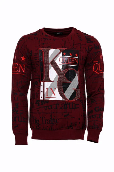 Bordo Taşlı Baskılı Sweatshirt - Wessi - Resim 5