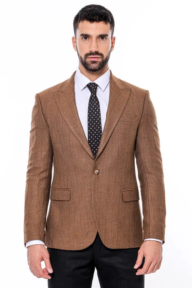Slim Fit Desenli Açık Kahverengi Erkek Ceket - Wessi ürün görseli 1