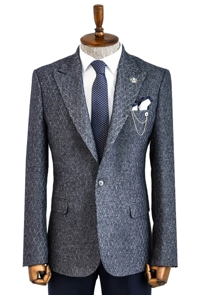 Kendinden Desenli Slim Fit Yün Erkek Lacivert Ceket - Wessi ürün görseli 1