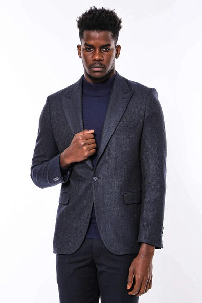 Kendinden Desenli Lacivert Slim Fit Ceket - Wessi ürün görseli 1