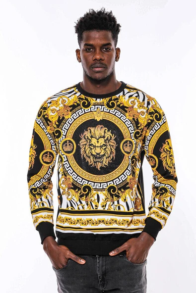 Siyah Üzerine Taşlı Baskılı  Bisiklet Yaka Sweatshirt - Wessi ürün görseli 1