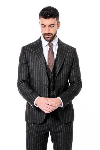 Çizgili Yelekli Siyah Slim Fit Erkek Takım Elbise - Wessi ürün görseli 1