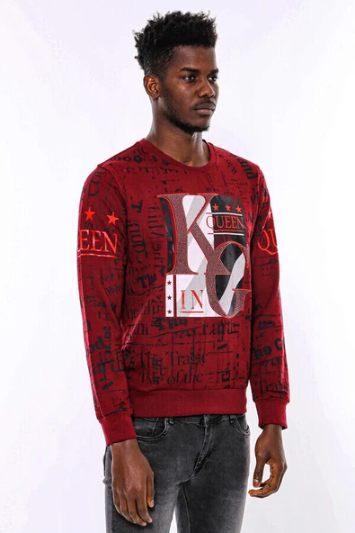 Bordo Taşlı Baskılı Sweatshirt - Wessi - Resim 4