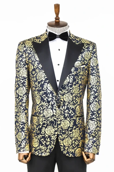 Gold Gül Desenli Slim Fit Lacivert Erkek Smokin Ceket - Wessi ürün görseli 1