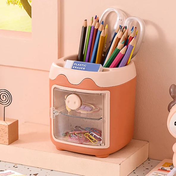 Sevimli Masaüstü Kalemlik Kawaii Kapaklı Mini Dolaplı Kalemlik - Turuncu ürün görseli 1