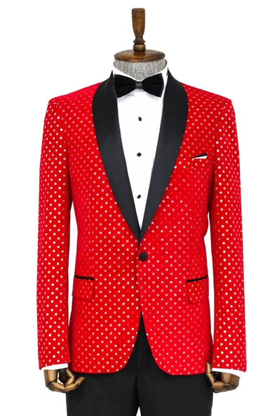 Nokta Desenli Slim Fit Kırmızı Erkek Smokin Ceket - Wessi ürün görseli 1