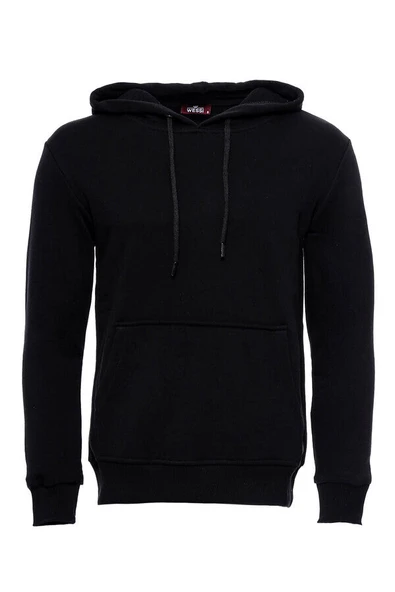 Kapşonlu Cepli Düz Siyah Erkek Sweatshirt - Wessi ürün görseli 1