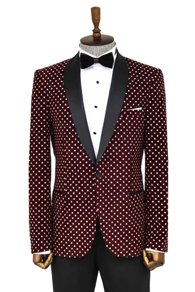 Nokta Desenli Slim Fit Bordo Erkek Smokin Ceket - Wessi ürün görseli 1
