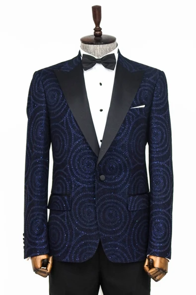 Hipnoz Desen Sivri Yaka Slim Fit Lacivert Erkek Smokin Ceket - Wessi ürün görseli 1