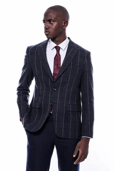 Ekose Sivri Yaka Lacivert Slim Fit Ceket - Wessi ürün görseli 1