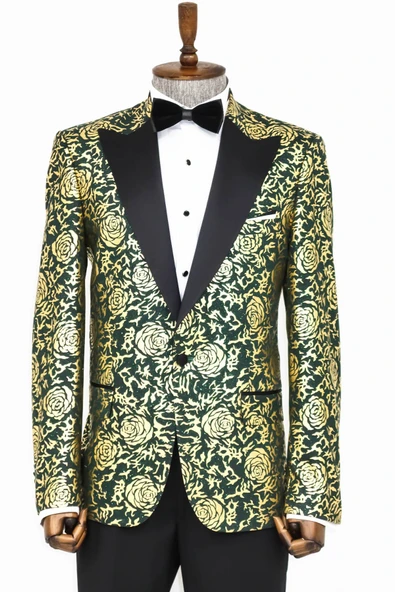 Gold Gül Desenli Slim Fit Yeşil Erkek Smokin Ceket - Wessi ürün görseli 1