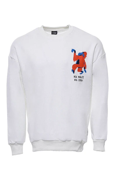 Beyaz Bisiklet Yaka Baskı Detaylı Erkek Sweatshirt - Wessi ürün görseli 1