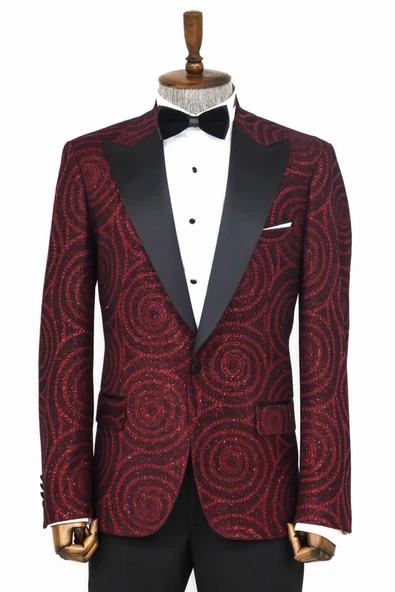 Hipnoz Desen Sivri Yaka Slim Fit Bordo Erkek Smokin Ceket - Wessi ürün görseli 1