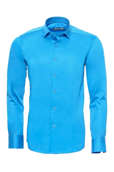 Uzun Kollu Pamuk Saten Slim Fit Turkuaz Erkek Gömlek - Wessi ürün görseli 1