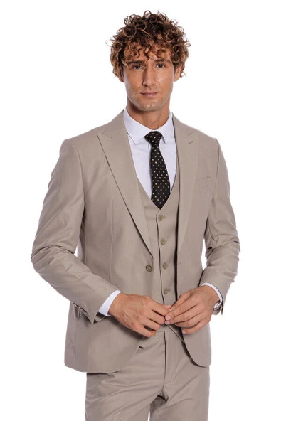 Desensiz Yelekli Slim Fit Açık Kahverengi Erkek Takım Elbise - Wessi ürün görseli 1