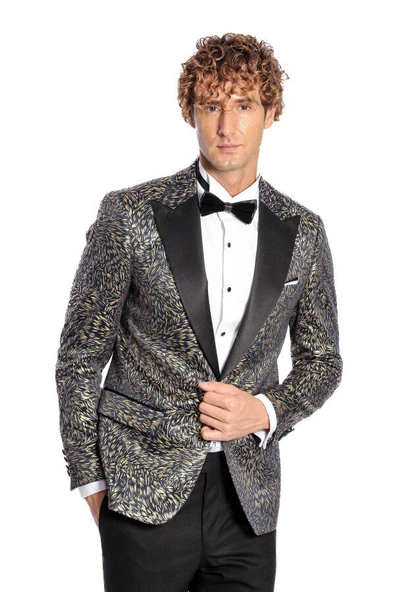 Tüy Desenli Slim Fit Lacivert Erkek Smokin Ceket - Wessi ürün görseli 1