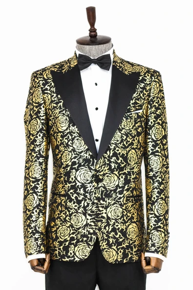 Gold Gül Desenli Slim Fit Siyah Erkek Smokin Ceket - Wessi ürün görseli 1