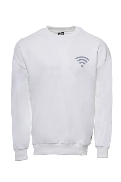 Beyaz Erkek Bisiklet Yaka Baskılı Sweatshirt - Wessi ürün görseli 1