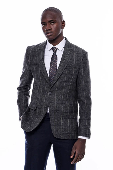 Ekose Sivri Yaka Slim Fit Füme Erkek Ceket - Wessi ürün görseli 1
