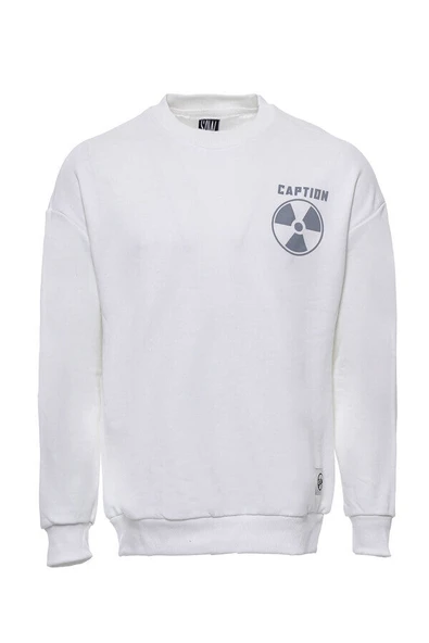 Beyaz Bisiklet Yaka Baskılı Erkek Sweatshirt - Wessi ürün görseli 1