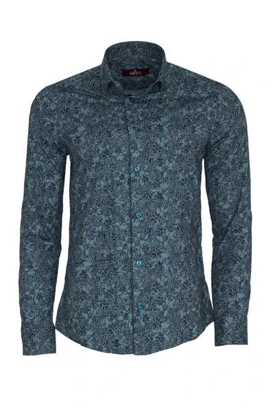 Çiçek Desenli Yeşil Slim Fit Gömlek - Wessi ürün görseli 1