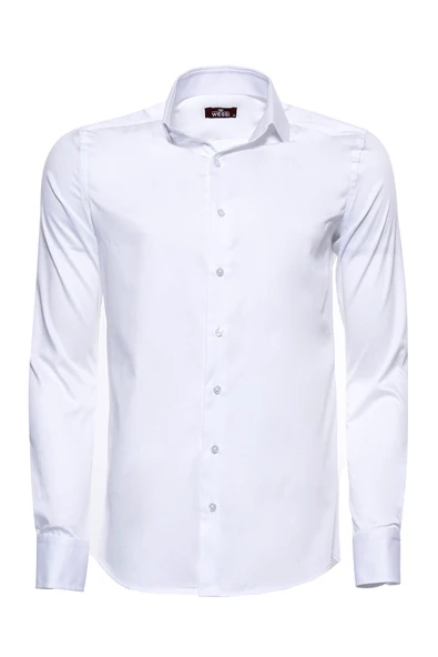 Pamuk Saten Slim Fit Beyaz Erkek Gömlek - Wessi ürün görseli 1