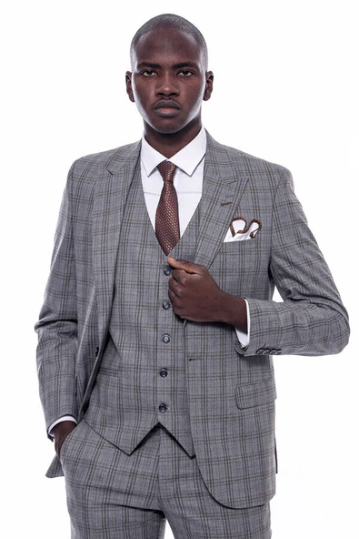 Ekose Desen Slim Fit Gri Erkek Takım Elbise - Wessi ürün görseli 1