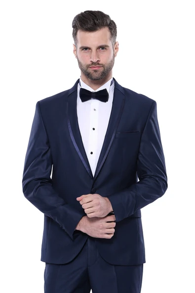 Yaka Pileli Koyu Lacivert Slim Fit Damatlık Takım Elbise | Wessi ürün görseli 1