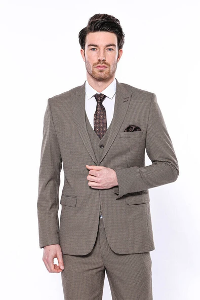 Kendinden Desenli Slim Fit Açık Kahverengi Erkek Ceket - Wessi ürün görseli 1