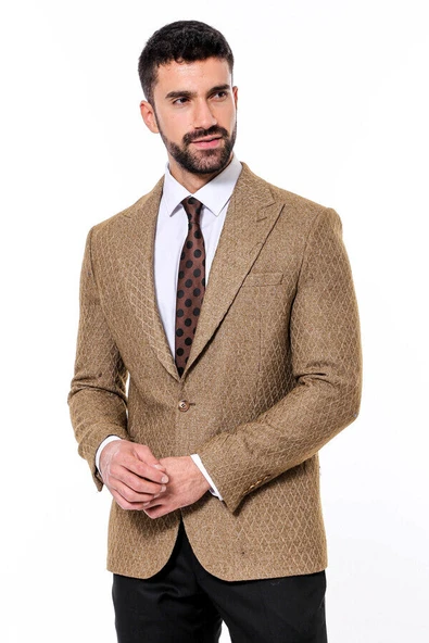 Kendinden Desenli Slim Fit Yün Taba Erkek Ceket - Wessi ürün görseli 1
