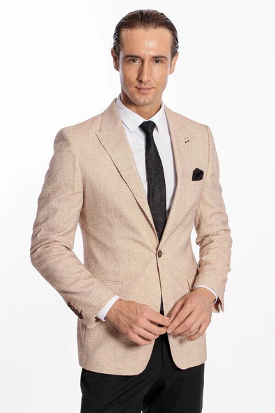 Kendinden Desenli Slim Fit Açık Sarı Erkek Ceket - Wessi ürün görseli 1