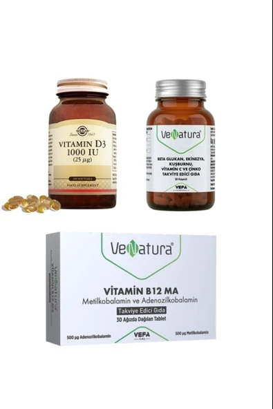 Solgar Vitamin D3 1000 ıu 100 Kapsül + VeNatura Beta Glukan, Ekinezya, Kuşburnu, Vitamin C, Çinko 30 Kapsül + Venatura Vitamin B12 Ma 30 Tablet ürün görseli 1