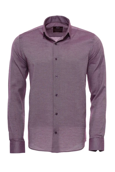 Koyu Bordo Kendinden Desenli Uzun Kol Slim Fit Gömlek - Wessi ürün görseli 1