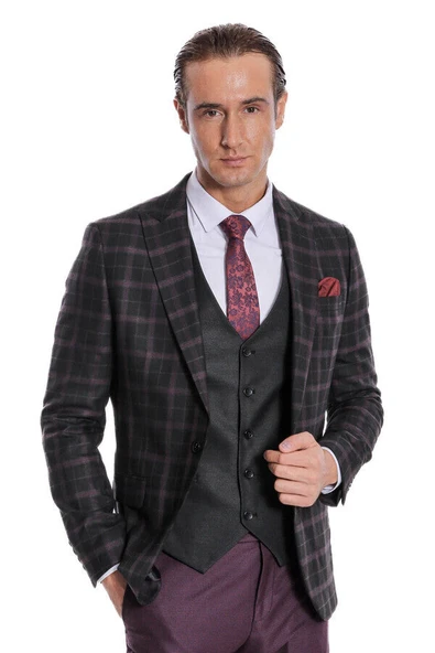 Mor Yelekli Slim Fit Ekose Siyah Erkek Takım Elbise - Wessi ürün görseli 1