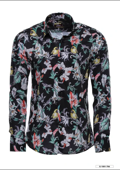 Çiçek Kuş Desenli Slim Fit Uzun Kollu Siyah Erkek Gömlek - Wessi ürün görseli 1