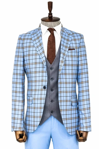 Gri Yelekli Slim Fit Ekose Açık Mavi Erkek Takım Elbise - Wessi ürün görseli 1