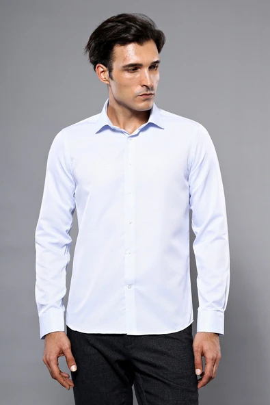 Kendinden Desenli Buz Mavi Slim Fit Gömlek | Wessi ürün görseli 1