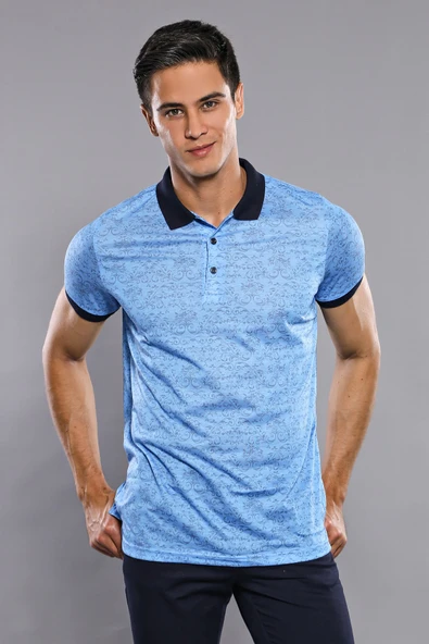 Çiçek Desenli Turkuaz Polo Yaka T-shirt | Wessi ürün görseli 1
