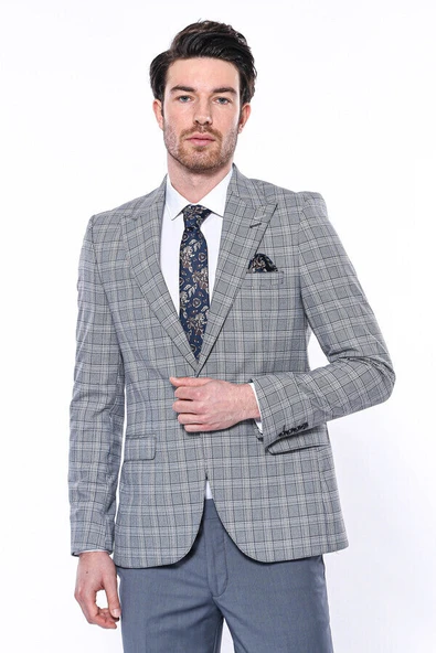 Ekose Desenli Slim Fit Gri Erkek Ceket - Wessi ürün görseli 1