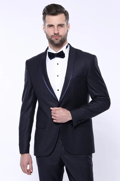 Yaka Pileli Lacivert Slim Fit Damatlık Takım Elbise | Wessi ürün görseli 1