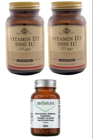 VeNatura Beta Glukan, Ekinezya, Kuşburnu, Vitamin C, Çinko 30 Kapsül + Solgar Vitamin D3 1000 ıu 100 Kapsül ürün görseli 1